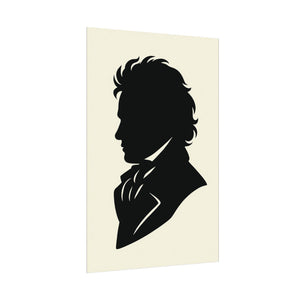 Fine art poster with a black on ivory silhouette illustration of musician Ludwig van Beethoven side view