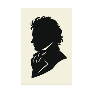 Fine art poster with a black on ivory silhouette illustration of musician Ludwig van Beethoven