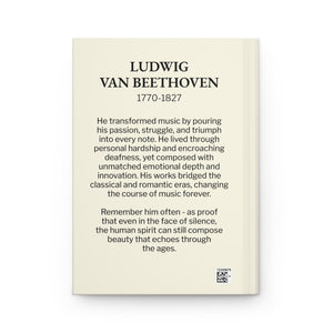 Hardcover journal with a black on ivory silhouette illustration of musician Ludwig van Beethoven and bio on the back cover
