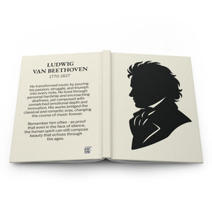 Hardcover journal with a black on ivory silhouette illustration of musician Ludwig van Beethoven on the front cover and a bio on the back cover