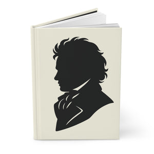 Hardcover journal with a black on ivory silhouette illustration of musician Ludwig van Beethoven opened