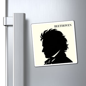 Vinyl magnet with a black on ivory silhouette illustration of musician Ludwig van Beethoven on a refrigerator