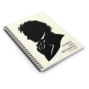 Spiral notebook with a black on ivory silhouette illustration of musician Ludwig van Beethoven on a white background
