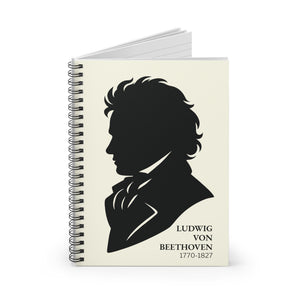 Spiral notebook with a black on ivory silhouette illustration of musician Ludwig van Beethoven opened