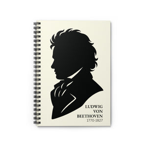 Spiral notebook with a black on ivory silhouette illustration of musician Ludwig van Beethoven