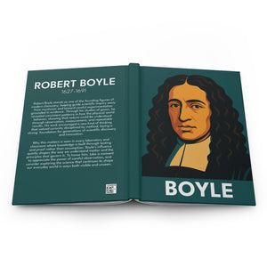 Hardcover journal with a bold illustration of chemist and scientist Roberty Boyle
on the front cover and a biography on the back cover