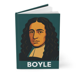 Hardcover journal with a bold illustration of chemist and scientist Roberty Boyle
opened