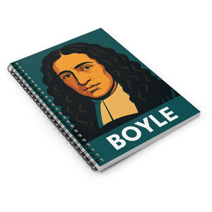Spiral notebook with a bold illustration of chemist scientist Robert Boyle flat on a white surface