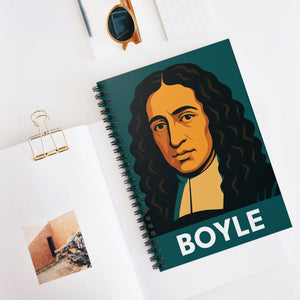 Spiral notebook with a bold illustration of chemist scientist Robert Boyle on a white surface.