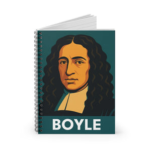 Spiral notebook with a bold illustration of chemist scientist Robert Boyle opened