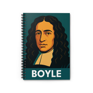 Spiral notebook with a bold illustration of chemist scientist Robert Boyle
