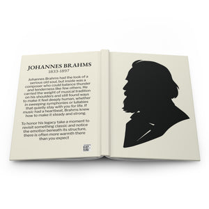 Hardcover journal with a black-on-ivory silhouette illustration of musician Johannes Brahms on the front cover and a bio on the back cover
