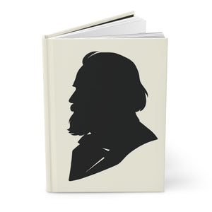 Hardcover journal with a black-on-ivory silhouette illustration of musician Johannes Brahms open