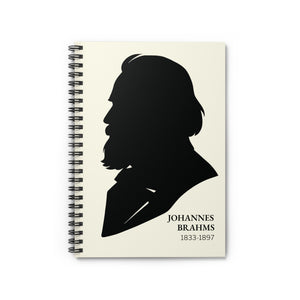 Spiral notebook with a black on ivory silhouette illustration of musician Johannes Brahms