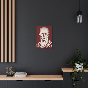 Canvas wall art with a bold illustration of Roman emperor Caligula on a dark wall with a modern interior setting.