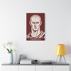 Canvas wall art with a bold illustration of Roman emperor Caligula on a wall above a table with a lamp and books.