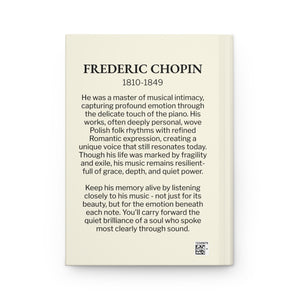 Hardcover journal with a black on ivory silhouette illustration of musician Frederic Chopin and biography on back cover
