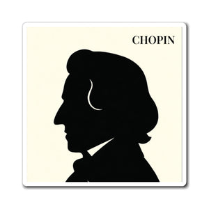 Vinyl magnet with a black on ivory silhouette illustration of musician Frederic Chopin