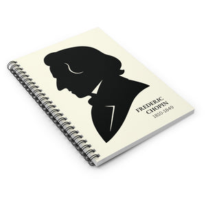Spiral notebook with a black on ivory silhouette illustration of musician Frederic Chopin lying flat on a white surface
