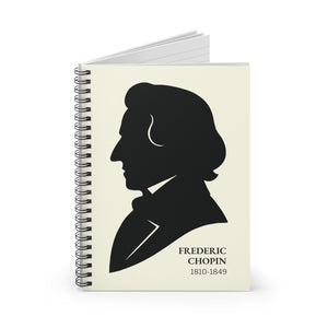 Spiral notebook with a black on ivory silhouette illustration of musician Frederic Chopin opened