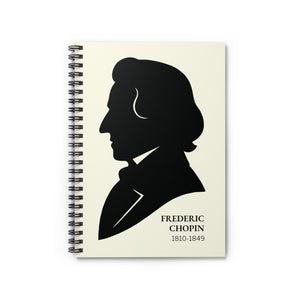 Spiral notebook with a black on ivory silhouette illustration of musician Frederic Chopin