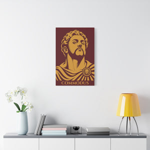 Canvas wall art with a bold illustration of Roman emperor Commodus on a wall above a table with decor items.
