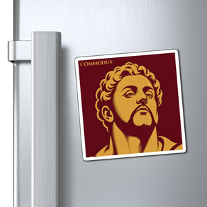 Fridge magnet with a bold illustration of Roman emperor Commodus on a metallic surface
