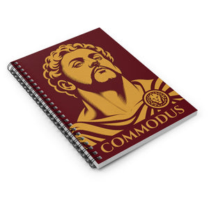 Spiral notebook with a bold illustration of Roman emperor Commodus on a white surface