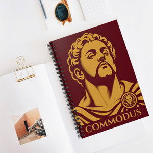 Spiral notebook with a bold illustration of Roman emperor Commodus
on a white surface mockup