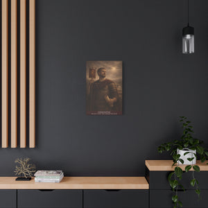 Canvas wall art with a beautiful, original illustration of Roman emperor Constantine on a dark wall above a wooden shelf.