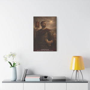 Canvas wall art with a beautiful, original illustration of Roman emperor Constantine on a wall above a shelf with decor items.