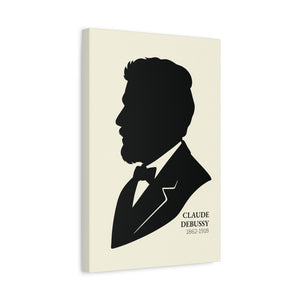 Canvas wall art with a black on ivory silhouette illustration of musician Claude Debussy side view