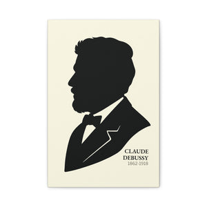 Canvas wall art with a black on ivory silhouette illustration of musician Claude Debussy