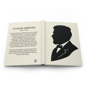 Hardcover journal with a black-on-ivory silhouette illustration of musician Claude Debussy on the front cover and a biography on the back cover