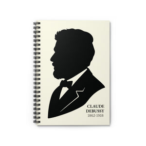Spiral notebook with a black on ivory silhouette illustration of musician Claude Debussy