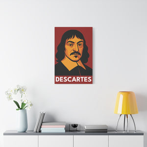 Canvas wall art with a bold illustration of mathematician and philosopher Rene Descartes on a white wall above a shelf with decor items.