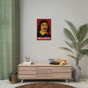 Fine art poster with a bold illustration of mathematician and philosopher Rene Descartes above a wooden console table with a plant and candles