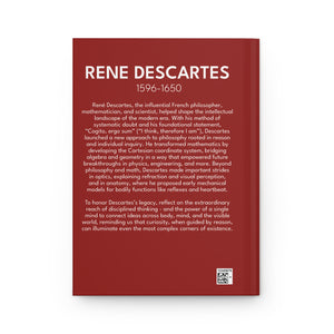 Hardcover journal with a bold illustration of mathematician and philosopher Rene Descartes and a bio on the back cover