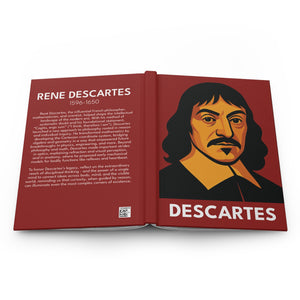 Hardcover journal with a bold illustration of mathematician and philosopher Rene Descartes on the front cover and a bio on the back cover