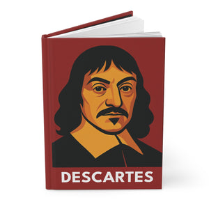 Hardcover journal with a bold illustration of mathematician and philosopher Rene Descartes opened