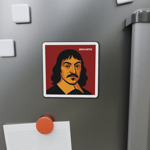 Vinyl magnet with a bold illustration of mathematician and philosopher Rene Descartes on a refrigerator