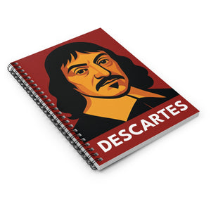 Spiral notebook with a bold illustration of mathematician and philosopher Rene Descartes lying on a white surface