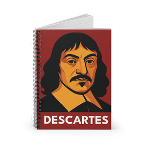 Spiral notebook with a bold illustration of mathematician and philosopher Rene Descartes opened
