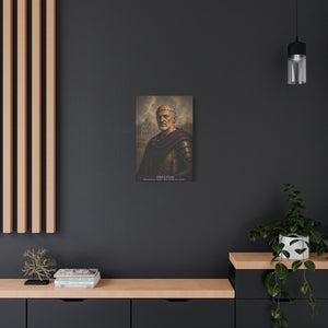 Canvas wall art with a beautiful, original illustration of Roman emperor Diocletian on a dark wall with wooden shelves and decor.