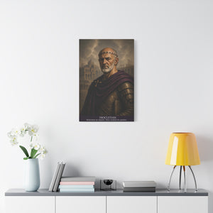 Canvas wall art with a beautiful, original illustration of Roman emperor Diocletian on a wall above a table with decor items.