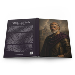 Hardcover journal with a beautiful, original illustration of Roman emperor Diocletian on the front cover and a bio on the back cover
