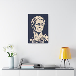 Canvas wall art with a bold illustration of Roman emperor Domitian on a wall above a desk with decor items.