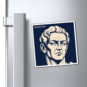 Fridge magnet with a bold illustration of Roman emperor Domitian
on a metallic surface mockup