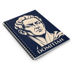 Spiral notebook with a bold illustration of Roman emperor Domitian on a white surface

