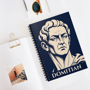 Spiral notebook with a bold illustration of Roman emperor Domitian on a white surface 
